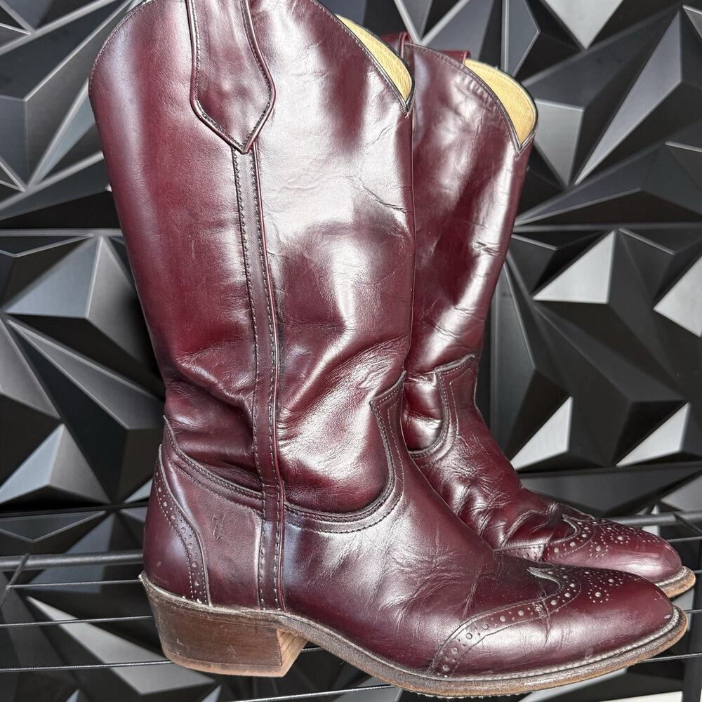 Vintage Frye 2473 Men’s 9.5 D Burgundy Oxblood Wingtip Western Cowboy Boots USA